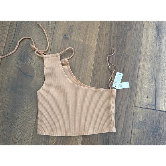Aerie One Shoulder Asymmetric Fitted Ribbed Crop Top Tan Women's Size M NWT - Picture 4 of 7